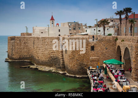 Israel, North Coast, Akko-Acre, ancient city, waterfront cafe in city walls Stock Photo