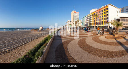 Israel, Tel Aviv, beachfront promenade in front of the colourfully decorated hotel facades Stock Photo