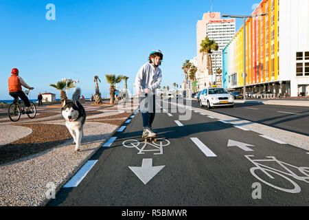 Israel, Tel Aviv, beachfront promenade in front of the colourfully decorated hotel facades Stock Photo