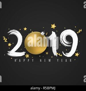 Happy New Year 2019. Numbers of brush in grunge style. Dark background. Christmas golden ball. Stars, confetti and serpentine. Festive banner. Vector  Stock Vector