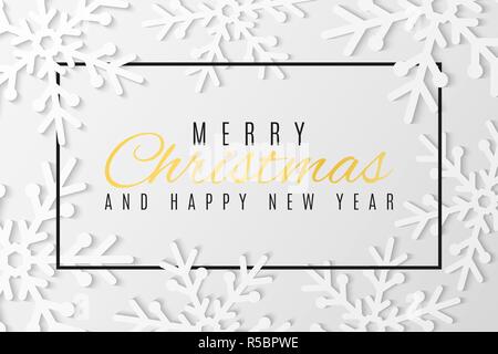 Christmas greeting card. Snowflakes cut out of paper. Happy New Year 2019. Seasonal festive web banner. Text in frame. Vector illustration. EPS 10 Stock Vector