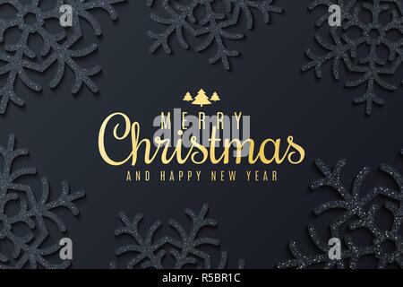 Merry Christmas and Happy New Year cover. Luxury and shiny snowflakes of glitters on dark background. Greeting card. Vector illustration. EPS 10 Stock Vector