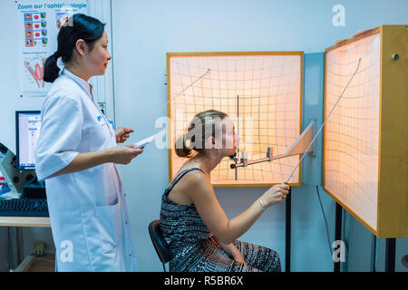 Woman undergoing orthoptic check-up with an orthoptist, France. Stock Photo