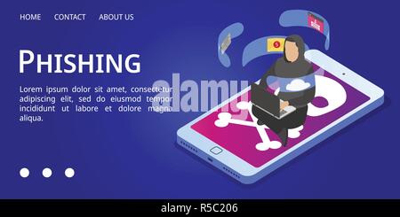 Phishing banner. Isometric illustration of phishing vector banner for web design Stock Vector