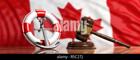 Canada law of sea concept. Lifebuoy, ship anchor and justice gavel on Canadian flag background, banner. 3d illustration Stock Photo