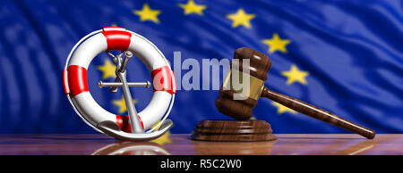 EU law of sea concept. Lifebuoy, ship anchor and justice gavel on European Union flag background, banner. 3d illustration Stock Photo