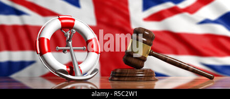 UK law of sea concept. Lifebuoy, ship anchor and justice gavel on Great Britain flag background, banner. 3d illustration Stock Photo