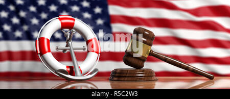 USA law of sea concept. Lifebuoy, ship anchor and justice gavel on US of America flag background, banner. 3d illustration Stock Photo