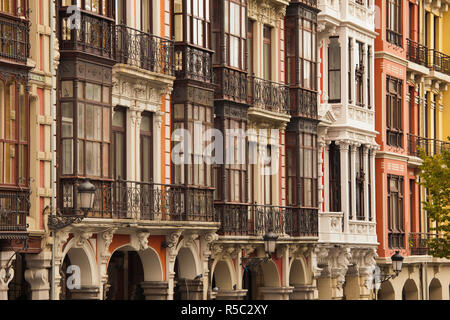 Spain, Asturias Region, Asturias Province, Aviles, Old Town buildings and cafes Stock Photo