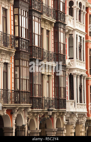 Spain, Asturias Region, Asturias Province, Aviles, Old Town buildings and cafes Stock Photo