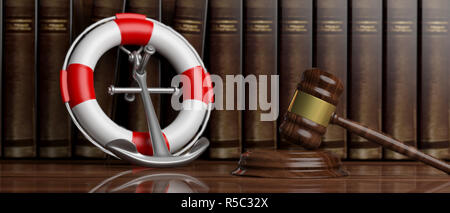 Law of the sea, lawyers office concept. Lifebuoy, navy ship anchor and judge gavel on law books background, banner. 3d illustration Stock Photo