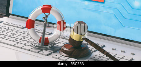 Online sea of the law concept. Lifebuoy, navy ship anchor and justice gavel on computer laptop keyboard, banner. 3d illustration Stock Photo