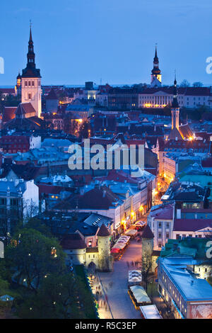 Estonia, Tallinn, Old Town, elevated view over Viru Street, dusk Stock Photo