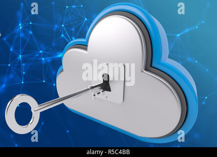 3D Cloud storage key, cloud computing system. Blockchain concept background for cryptocurrency security.3D Cloud storage key, cloud computing system. Stock Photo