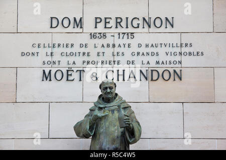 France, Marne, Champagne Region, Epernay, statue of Dom Perignon, founder of champagne-making Stock Photo