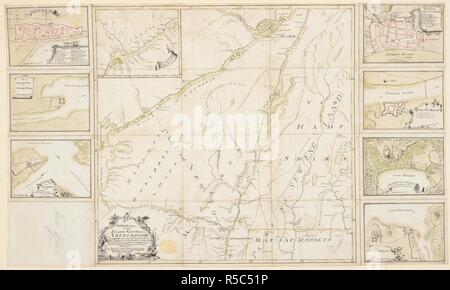 A map of New York state, with seven additional plans of forts and towns . TO HIS EXCELLENCY MAJOR GENERAL ABERCROMBIE COLONEL OF THE 44TH REG:T OF FOOT CO: IN CHIEF OF THE ROYAL AMERICAN REG: & COMMANDER IN CHIEF OF ALL HIS MAJESTYS FORCES IN NORTH AMERICA THIS MAP OF THE SCENE OF ACTION IS HUMBLY SUBMITTED TO YOUR EXCELLENCY. [New York?] : By T.Ë¢ Abercrombie Capt., [between 1757 and 1759.]. Manuscript pen and ink with watercolour. Source: Maps K.Top.121.9.1. Language: English. Stock Photo