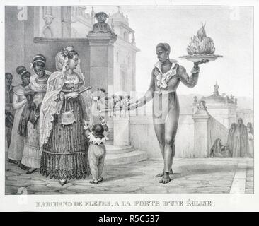 A flower seller. Voyage pittoresque et historique au Br:esil, ou, S. Paris, 1834-39. Marchand de Fleurs, a la Porte d'une Ã‰glise'. The flower seller at the church door.  Image taken from Voyage pittoresque et historique au Br:esil, ou, S:ejour d'un artiste francais au Br:esil, depuis 1816 jusqu'en 1831 inclusivement, etc. [With plates, including a portrait.]  Originally published/produced in Paris, 1834-39. . Source: 650.b.5 volume 3, plate 6. Language: French. Stock Photo