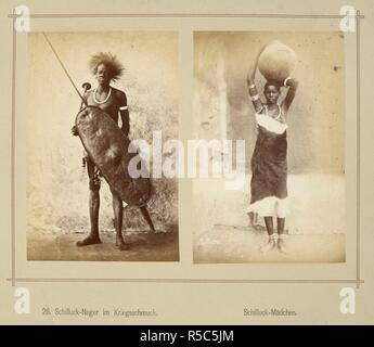 (Left) A young Shilluk warrior, holding hide shield, spear and club, wearing a fringed hair ornament. (Right) A young Shilluk woman dressed in an animal skin, holding a large vessel on her head. . Die oberen Nil-LaÌˆnder. Volkstypen und Landschaften. Dargestellt in 160 Photographien. Nach der Natur aufgenommen von R. Buchta. Mit einer Einleitung von Dr. Robert Hartmann. Berlin, 1881. Source: 1789.a.13 plate 26. Language: German. Author: Buchta, Richard. Stock Photo