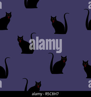 Seamless animals pattern black cats silhouette with yellow eyes isolated on purple background. Simple halloween pet print, spooky kitten, modern style Stock Photo