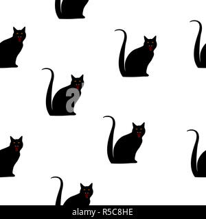 Seamless animals pattern black cats silhouette with yellow eyes isolated on white background. Simple halloween pet print, spooky kitten  modern style Stock Photo