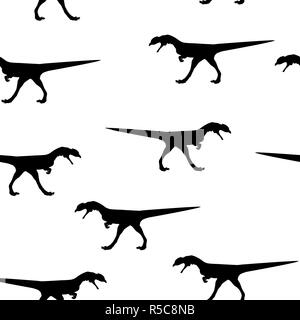 Seamless wild animal pattern big Dinosaur black silhouette isolated on white background. Kid baby boy drawing dino fossil wallpaper for playroom Stock Photo