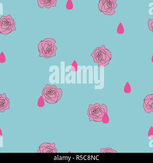 Seamless Pattern Small Pink Rose Flower Rain Drop On Blue Background Valentines Day Illustration Ornament Cute Love Concept Girly Pretty Print Stock Photo Alamy