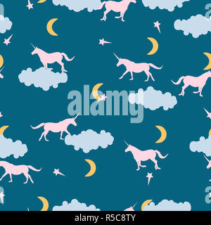 Seamless wild animals pattern cute pink Unicorns silhouette, blue clouds, stars, moon in night sky background. Kids room fantasy fairytale print Stock Photo