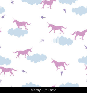 Seamless fantasy animals pattern Unicorn pink silhouette, blue clouds and violet stars isolated on white background, pastel colors Stock Photo