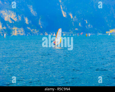 Torbole -A windsurfing on Lake Garda in Torbole Stock Photo