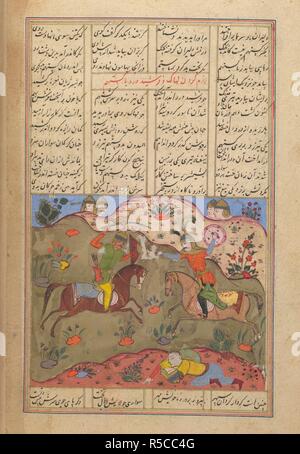 Battle scene. Shahnama of Firdawsi, with 49 miniatures. Opaque w. 1590-1600. Combat of Gustaham with Lahhak and Farshidward. Faces repainted. 11.5 by 14.5 cm.  Image taken from Shahnama of Firdawsi, with 49 miniatures. Opaque watercolour. Safavid/Isfahan style.  Originally published/produced in 1590-1600. . Source: I.O. ISLAMIC 3254, f.230v. Language: Persian. Stock Photo