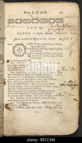 A page from David Garrick's prompt book for his 1756 production of King Lear . The history of King Lear, a tragedy: as it is now acted at the King's theatres. London : C. Hitch & L. Hawes, etc., 1756. Source: C.119.dd.22, page 29. Language: English. Stock Photo