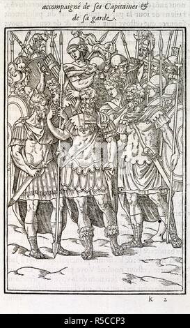 Captain of the guard. Discours sur la Castram:etation et discipline mili. Guillaume Rouille: Lyon, 1557-56. Roman soldiers.  Image taken from Discours sur la Castram:etation et discipline militaire des Romains Des bains et antiques exercitations grecques etromaines. De la Religion des anciens Romains.   Originally published/produced in Guillaume Rouille: Lyon, 1557-56. . Source: 143.e.2.(2), 38. Language: French. Stock Photo