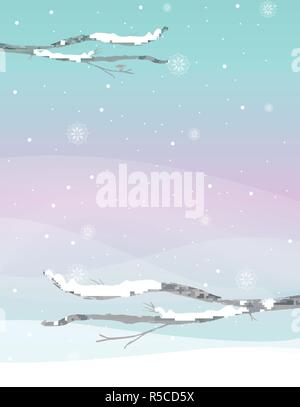 Abstract winter landscape in mint green and purple tones, with falling snow and empty branches. Stock Vector