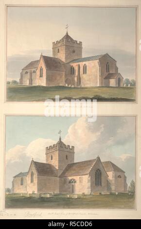 Two views on one sheet of St. Peter's Church in Bridford, Wiltshire; the graveyard shown in both views. North West View of Bridford Church, Wiltshire ; North East View of Bridford Church, Wiltshire. between 1800-1810. Watercolour over pencil. Source: Maps K.Top.43.32.2.a. Language: English. Author: John Buckler. Stock Photo