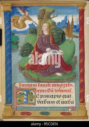 St John writing his gospel. Book of Hours. France; circa 1500. [Whole folio] Gospel readings. St John seated in a landscape, writing his gospel, with his symbol, the eagle, and an angel blowing a trumpet. Below, John 1, 1, beginning with decorated initial 'I'  Image taken from Book of Hours.  Originally published/produced in France; circa 1500. . Source: Sloane 2419, f.8v. Language: Latin. Stock Photo