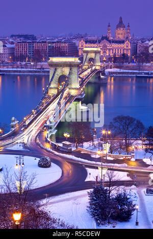 Chain Bridge, St. Stephen's Basilica and River Danube, Budapest, Hungary Stock Photo