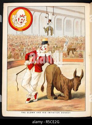 'The clown and his imitation donkey'. A clown in the circus ring. Various acts involving animals. The Circus Book. [Pictures for children.]. G. Routledge & Sons: [London; lithographed in Holland, 1890.]. Source: 12807.s.62 page 6. Language: English. Author: ANON. Stock Photo