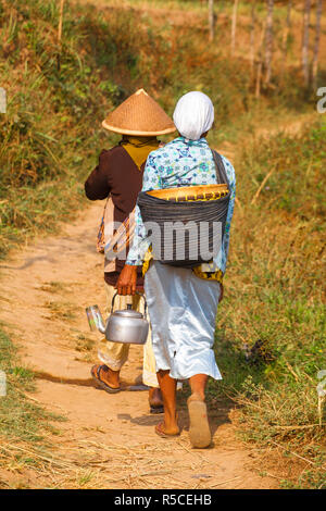 Indonesia, Java, Magelang, near Borobudur, Farm workers walk along road to rice paddies Stock Photo