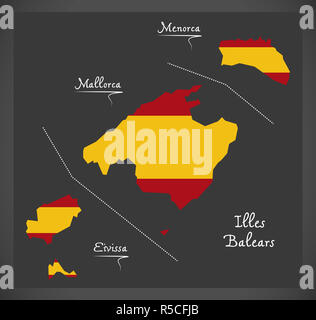 Illes Balears map with Spanish national flag illustration Stock Photo