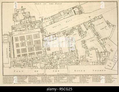 A reduced copy of Fisher's ground plan of the Royal Palace of Whitehall, taken in the reign of Charles 2nd 1680. Antiquities of Westminster; the old Palace; St. Stephen's Chapel (now the House of Commons), &c. containing two hundred and forty-six engravings of topographical objects, etc. (Sixty two additional plates, etc.). London, 1807-09. Source: 191.e.4, no.26. Language: English. Author: SMITH, JOHN THOMAS. Stock Photo