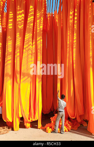 Newly dyed fabric being hung up to dry, Sari garment factory, Rajasthan, India, (MR/PR) Stock Photo