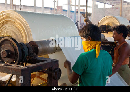 Newly dyed fabric being washed and rolled, Sari garment factory, Rajasthan, India, (MR/PR) Stock Photo