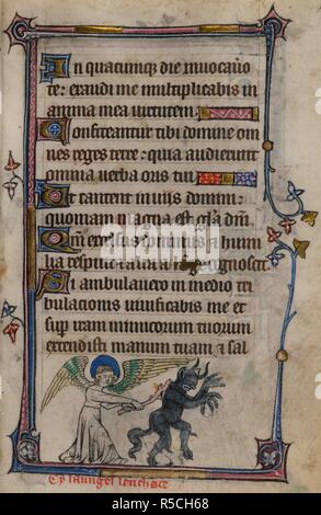 Bas-de-page scene of an angel beating a demon with a club, with a caption reading, â€˜cy laungel lenchaceâ€™ . Book of Hours, Use of Sarum ('The Taymouth Hours'). England, S. E.? (London?); 2nd quarter of the 14th century. Source: Yates Thompson 13, f.155. Language: Latin and French. Stock Photo