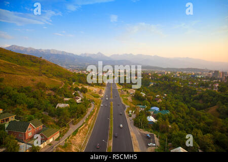 Kazakhstan, Almaty, View of Almaty from Kok-Tobe cable car Stock Photo