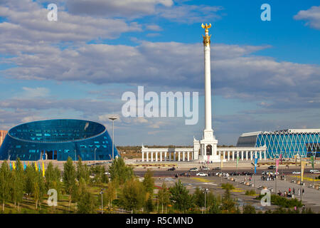 Kazakhstan, Astana, KazakYeli monument (Kazakh Country), Shabyt Palace of Arts and the Palace of Independence Stock Photo