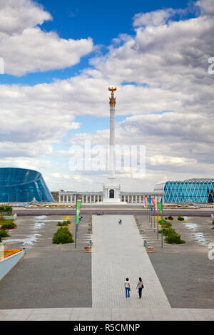 Kazakhstan, Astana, KazakYeli monument (Kazakh Country), Shabyt Palace of Arts and the Palace of Independence Stock Photo