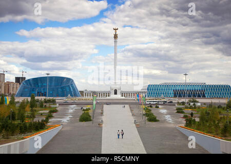 Kazakhstan, Astana, KazakYeli monument (Kazakh Country), Shabyt Palace of Arts and the Palace of Independence Stock Photo