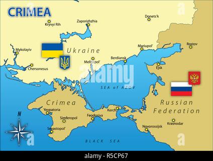 Crimea peninsula map with borders and flags, vector illustration Stock Vector