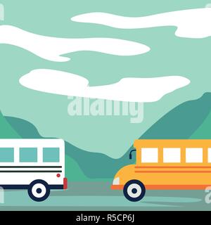 Cars, buses on the road, recreation area, lake in isometry Stock Vector