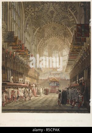 Interior view of a chapel with knights with plumed helmets standing on either side of the choir; windows and the royal box at the end of the chapel; a congregation and an organ below the window on the far wall; the scene bathed in sunlight from the right. INSTALLATION OF THE KNIGHTS OF THE BATH IN HENRY THE SEVENTH'S CHAPEL WESTMINSTER ABBEY JUNE 1 1812. [London] : Pubd. by R. Ackermann 1813 Repository of Arts 202 Strand, 1813. Aquatint and etching with hand-colouring. Source: Maps K.Top.24.4.ff.1-3. Language: English. Author: LEWIS, FREDERICK CHRISTIAN. Stock Photo